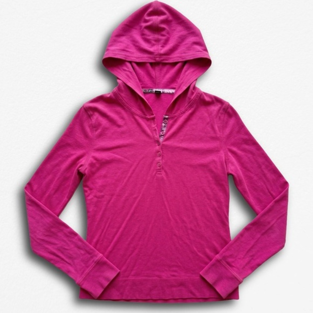 Moda International Womens Medium Magenta Pink Henley‎ Hoodie Long Sleeve Top